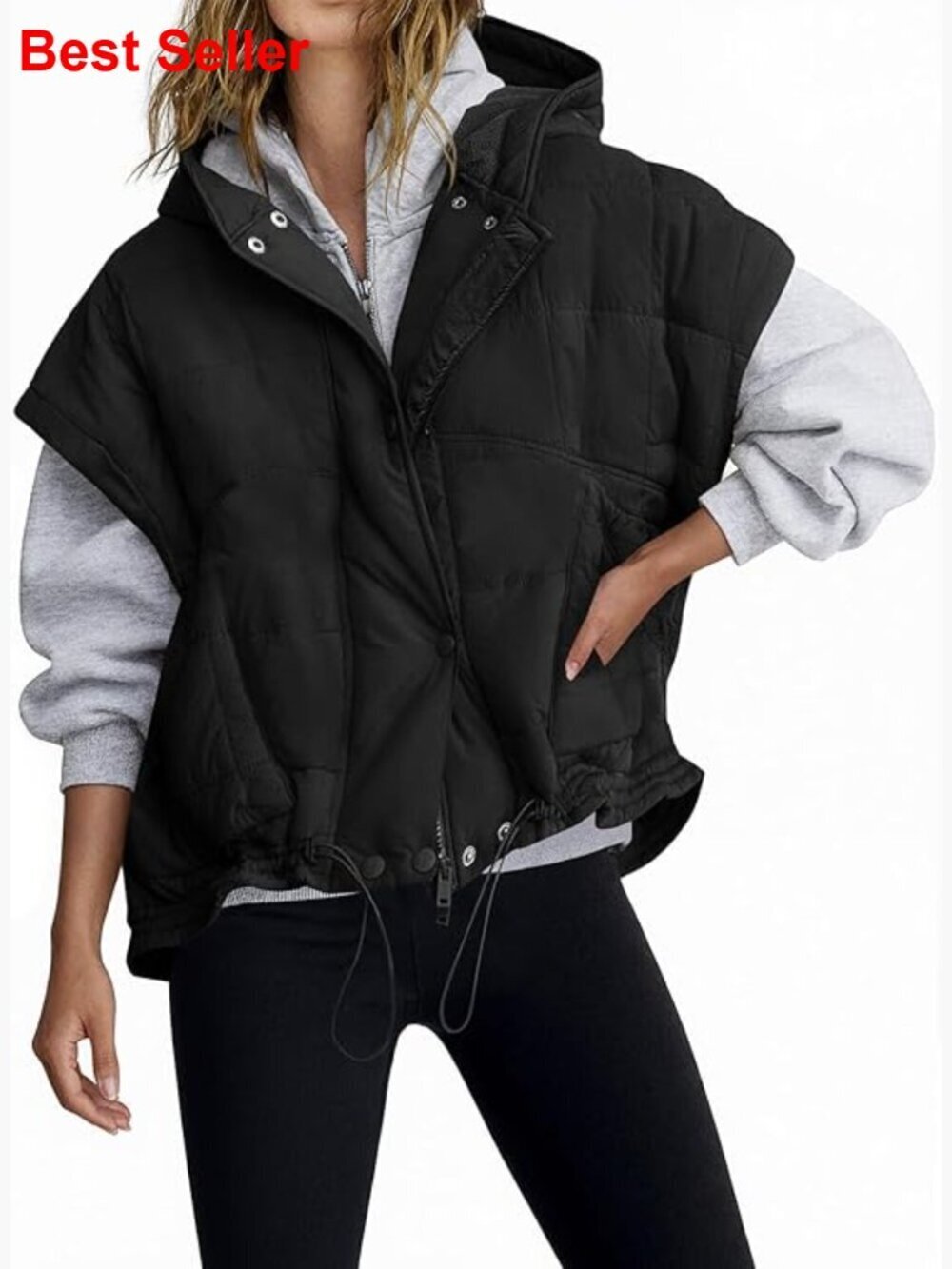 Oversized Hooded Quilted Puffer Vest with Cap Sleeves